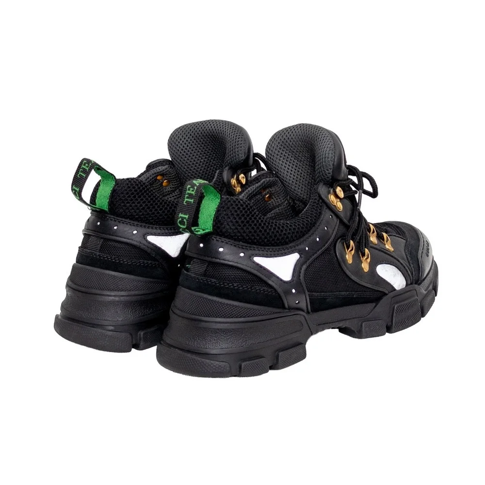 Gucci Flashtrek Chunky Sneakers Black Gold Mesh Leather Low Top Shoes (8.5 US)